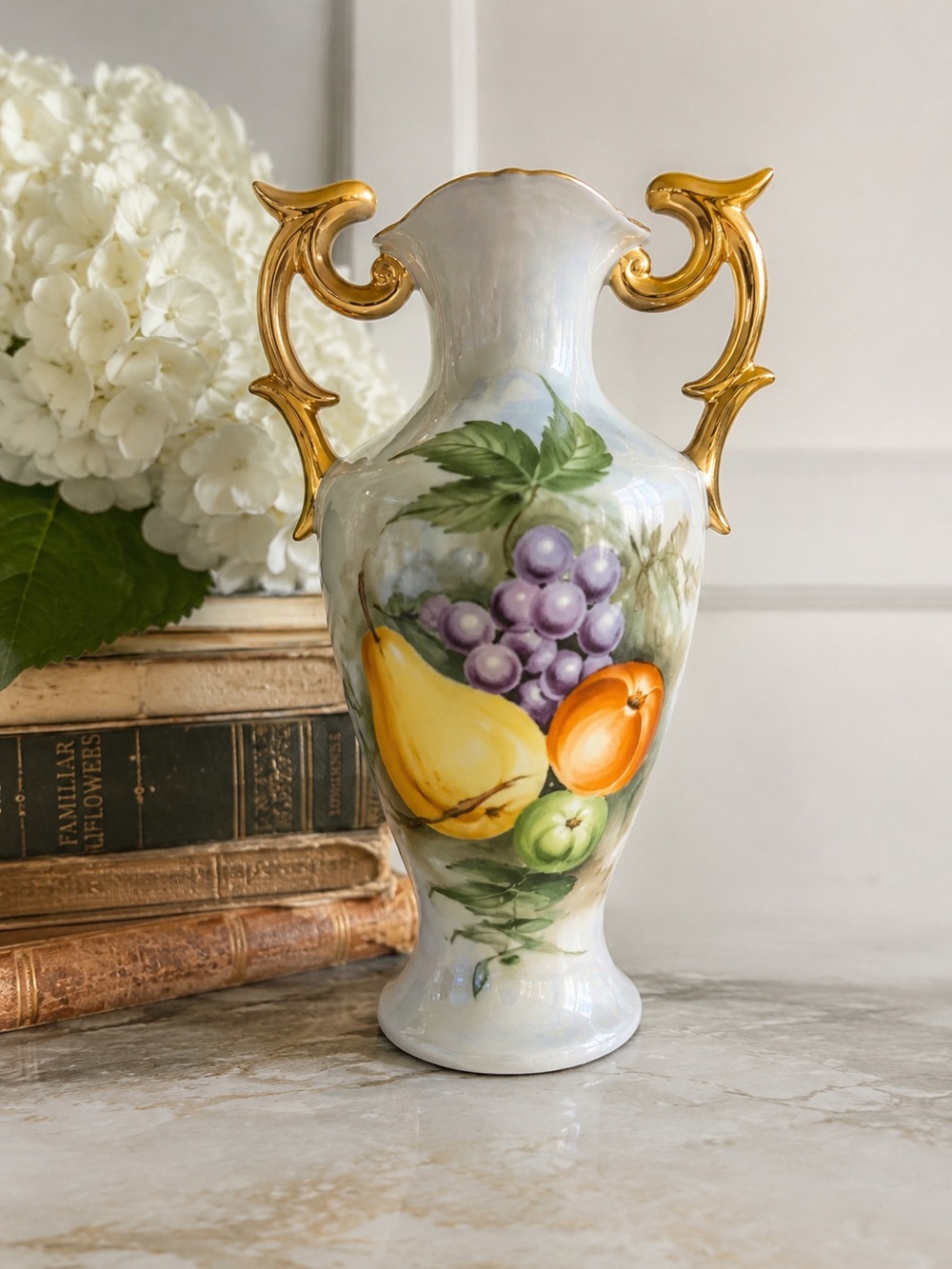 Vintage Norleans Japan Hand Painted Fruit Vase Gold Gilt Double Handle